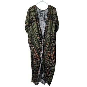 Boho Tie Dye Open Front Kimono Duster Olive Green & Black One Size